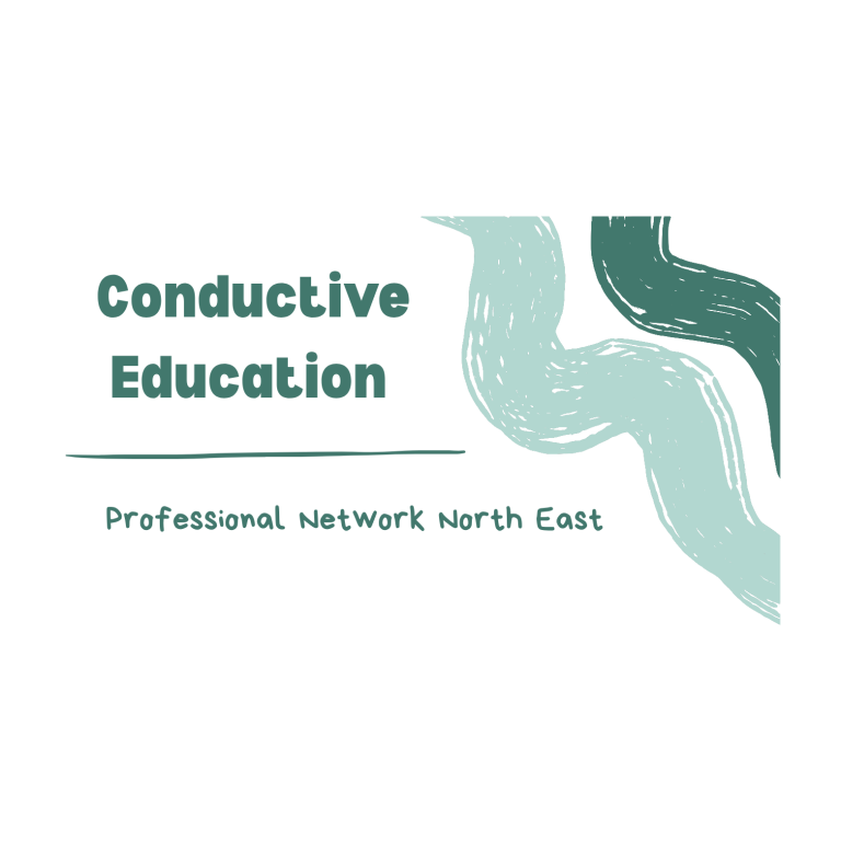Logo for Conductive Education, Professional Network North East, featuring abstract green designs.