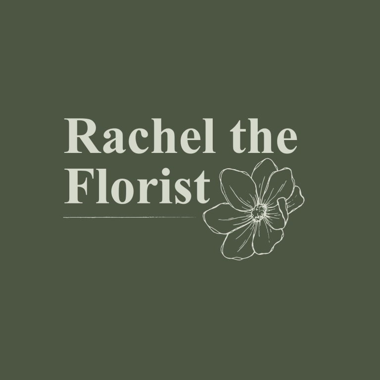 Logo for Rachel The Florist featuring floral line art and a green background.